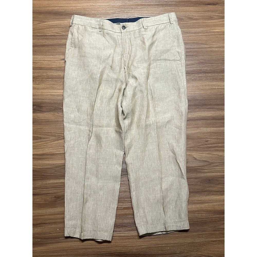 ORVIS Wide Leg Men's Pleated 100% Linen Cuffed Dress Pants Tan/Brown Sz 38x26
